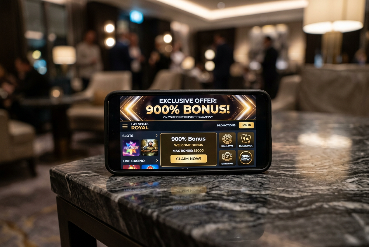 A high-end smartphone displaying an online casino promotional offer.